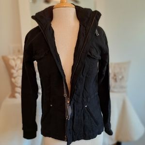 Michael Stars Black USA Stripes 100% Linen Hidden Hooded Lightweight Jacket